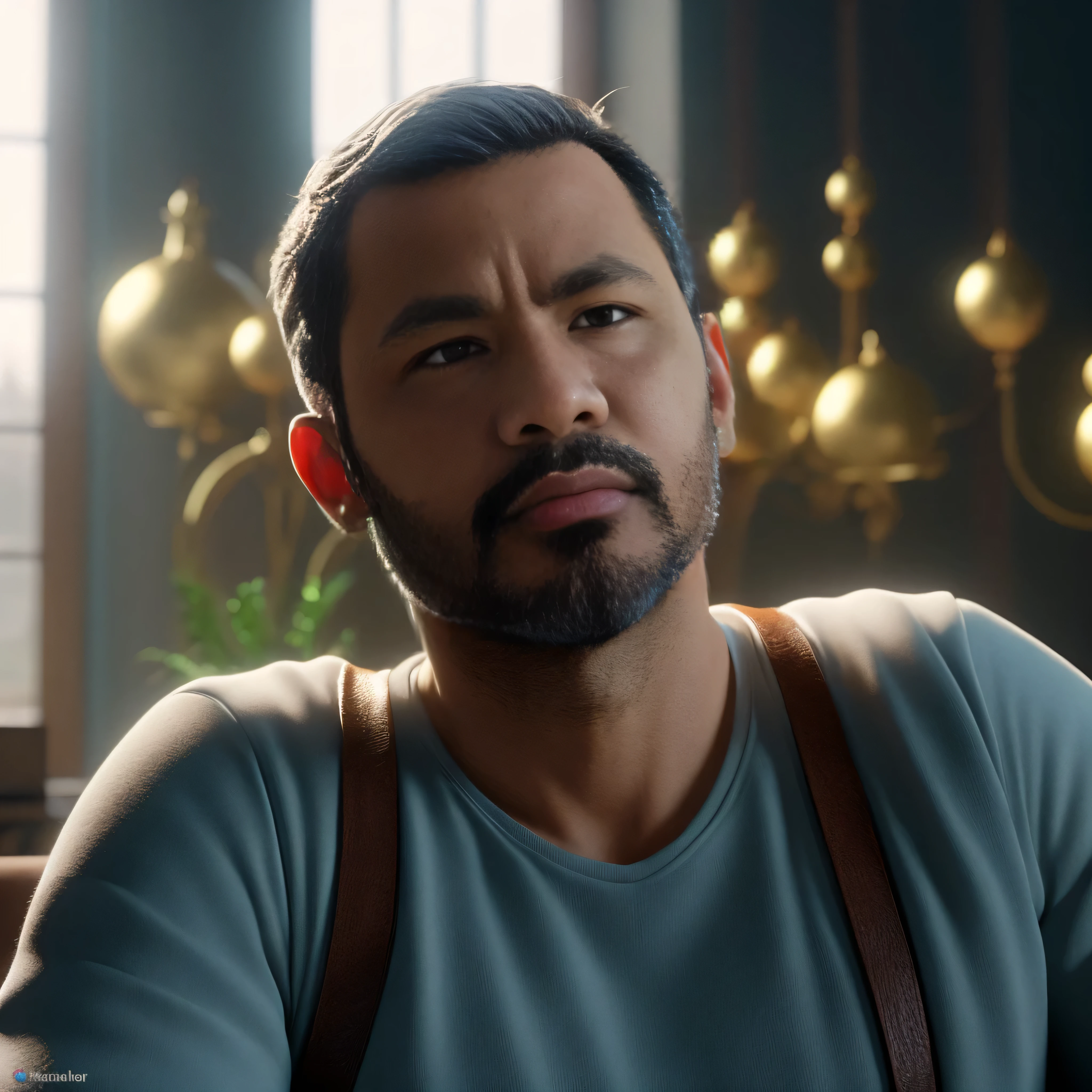 there is a man with a beard and suspenders looking at something, 8k portrait render, cinematic realistic portrait, ps5 cinematic screen capture, rendered in unreal engine 5, detailed cinematic render, rendered in 8 k unreal engine, rendered in unreal 5, realistic face moody lighting, soft portrait shot 8 k, small character. unreal engine 5, cinematic 3d render