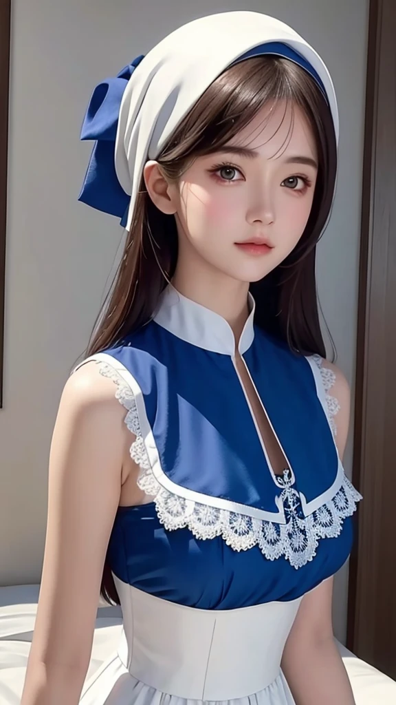 A girl in a blue dress、Close-up of woman wearing white headscarf, Gu Weisz style artwork, IG Model | Art sprouts, extremely detailed Art sprouts, Surrealist anime, Soft Portrait Shots 8K, Art sprouts. Anime Illustrations, Bovoort'Art style, Blonde Princess, 8k Art sprouts bokeh,Blue Hair,Semi-long hair,blue eyes,wear glasses(focus)