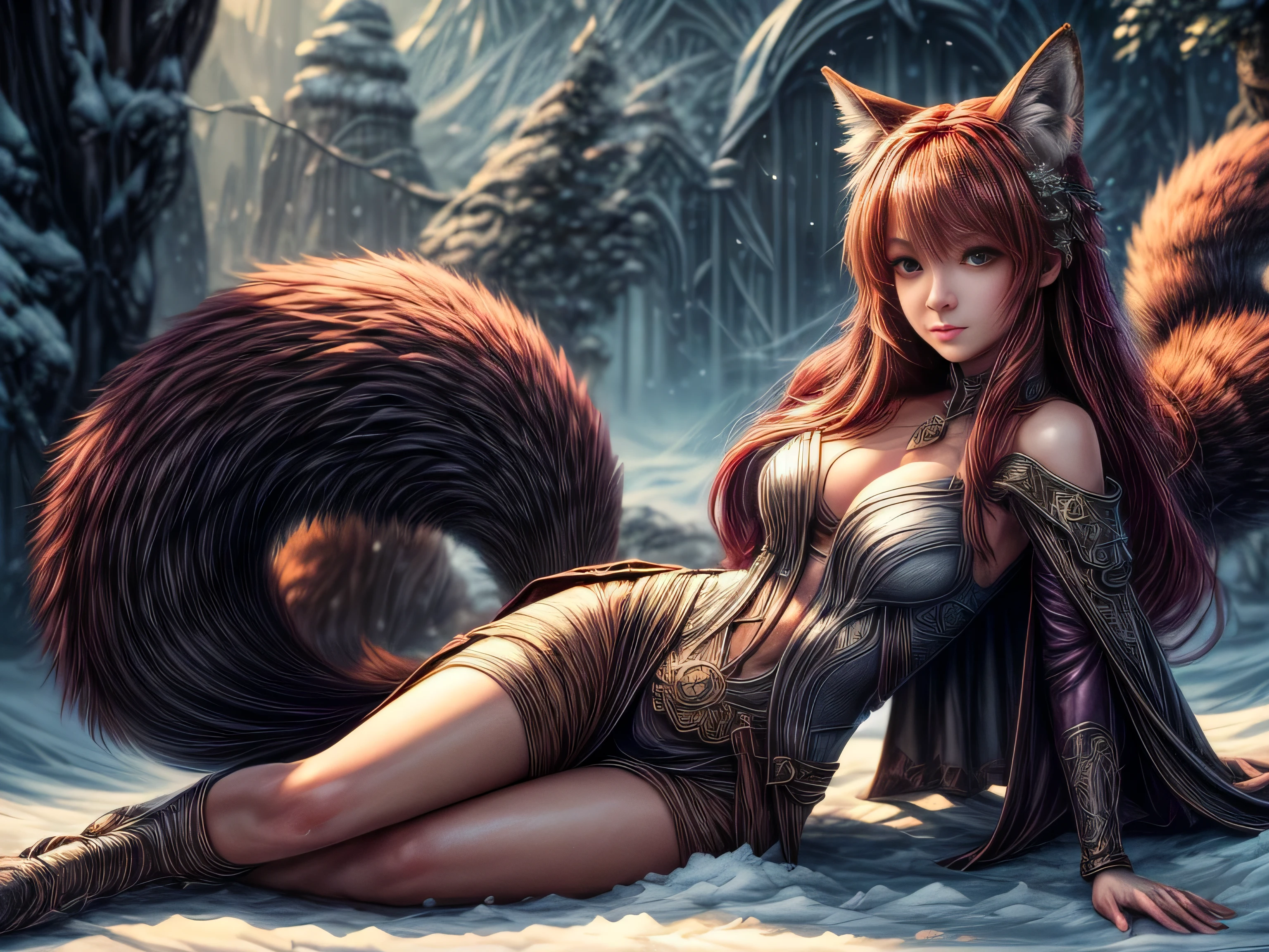 (Best quality, 8K, masterpiece, HDR, soft lighting, picture perfect, realistic, vibrant), foxgirl with red hair and little fox lying on the snow, kitsune, beautiful fox, nobushi fox, beautiful female kitsune, digital anime illustration, beautiful illustration, beautiful digital artwork, exquisite digital illustration, realistic digital anime art, realistic anime style digital art, (ultra high quality fantasy art), masterpiece, ultra high quality female character design, anime art with development 8k, realistic anime art, wallpaper illustrations of the highest quality, complex ultra high quality accurate faces of female characters, high quality design and accurate physics (ultra high quality fantasy style)), art, dark fantasy)) Style), masterpieces, super high quality characters, anime resolution - 8K, realistic anime art, highest quality wallpaper illustration, ultra-high facial detail, quality design and physics accuracy), by color, depth of field, shadows, ray tracing, high quality and 8K resolution computer wallpaper production, Fantasy Love Fox, Dark Fox -mage, (Accurate simulation of the interaction of light and materials)], [Highly detailed hair [More about beautiful and shiny red hair]], (Beautifully detailed hands [perfect fingers [Beautiful nails]], (perfect anatomy (perfect proportions)) [[ Full-length]], [Perfect color combination (Accurate imitation of the interaction of light and material)], [art that conveys the meaning of the story]