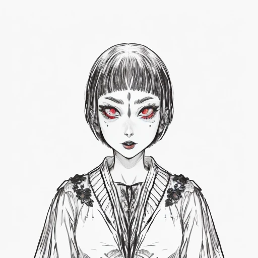 a drawing of a woman with red eyes and a black and white dress, in style of junji ito, art style of junji ito, style of junji ito, inspired by Junji Ito, junji ito style, androgynous vampire, inspired by Ayako Rokkaku, junji ito 4 k, ito junji art, subtle junji ito