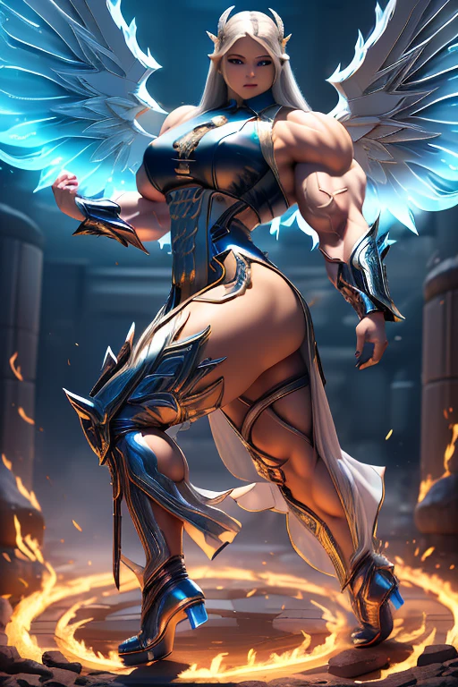 ((((Massive, beautiful, buff, light brown skinned, muscular woman with white hair, black lipstick, glowing blue eyes, huge angel wings, ginormous bulky muscles, and wearing a beautiful long black futuristic armored cheongsam dress)))), {close view}, massive muscles, massive biceps, huge angel wings, hyper muscle triceps, (long straight hair), blue eyes, beautiful long cheongsam dress, (gauntlets), high heels boots, in a sea of white flames, surrounded by white fire, night, smirk, hyper muscles arms, hyper muscle legs, massive arms.