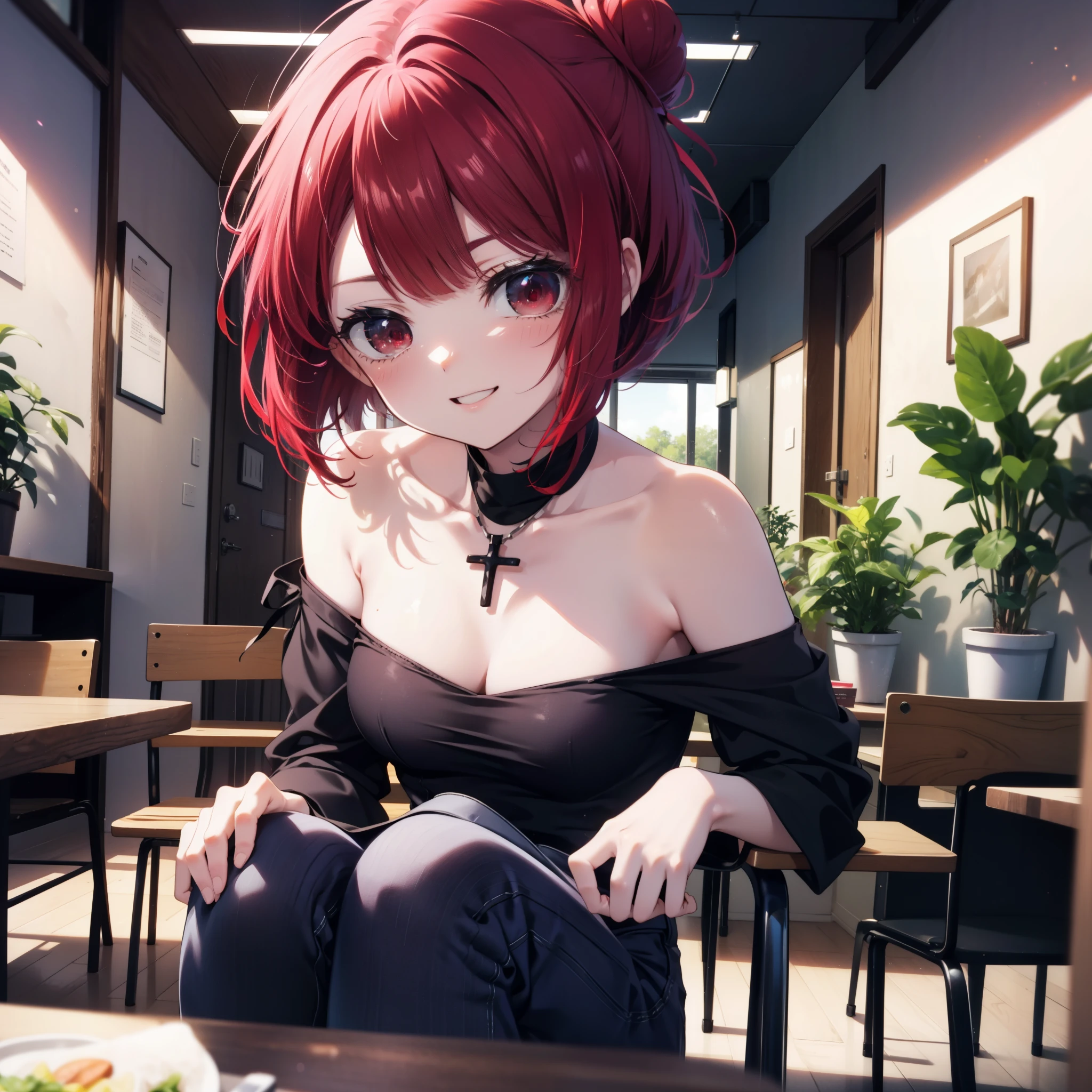 Arima etc.., Arima Kana, (Red eyes:1.5), Red Hair,Short Hair,Bob Hair,happy smile, smile, Open your mouth,Hair Bun, single  Hair Bun,Redhead,Off-the-shoulder shirt,Short sleeve,Exposing shoulders,skinny pants,Stiletto heels,sitting cross-legged on a chair,There is a lunch box on the table,whole bodyがイラストに入るように,Daytime,Clear skies,
壊す looking at viewer,whole body,
Breaking indoors,office,　　　　　　　　　　　　(masterpiece:1.2), highest quality, High resolution, unity 8k wallpaper, (shape:0.8), (Beautiful and beautiful eyes:1.6), Highly detailed face, Perfect lighting, Extremely detailed CG, (Perfect hands, Perfect Anatomy),