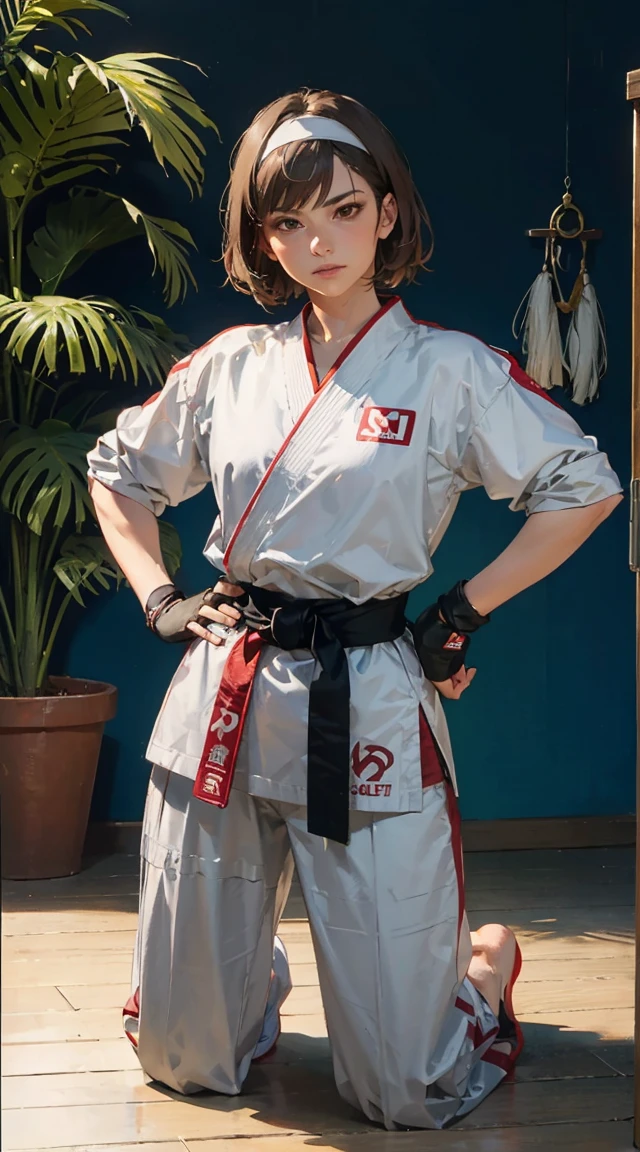 sakurasf5, short brown hair, brown eyes, white headband, red fingerless gloves, wearing a karate outfit,black belt,  looking at viewer, serious, smug, 
kneeling, on knees, hands on hips, inside, dojo,plants in the corner of the room, extreme detail, masterpiece,  