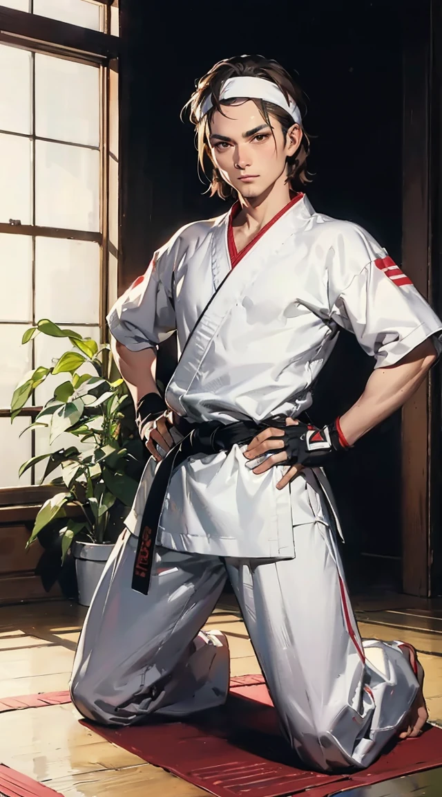 sakurasf5, short brown hair, brown eyes, white headband, red fingerless gloves, wearing a karate outfit,black belt, looking at viewer, serious, smug,
kneeling, on knees, hands on hips, inside, dojo,plants in the corner of the room, extreme detail, masterpiece,