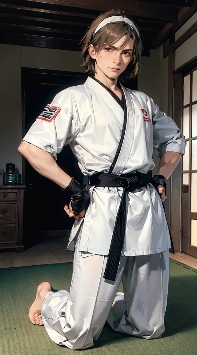 sakurasf5, short brown hair, brown eyes, white headband, red fingerless gloves, wearing a karate outfit,black belt,  looking at viewer, serious, smug, 
kneeling, on knees, hands on hips, inside, dojo,plants in the corner of the room, extreme detail, masterpiece,  