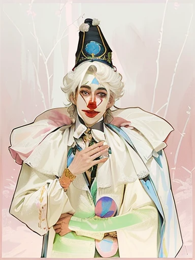 there is a drawing of a clown with a hat and a tie, prince in pastel!!!!, portrait of a digital shaman, male jester, digital drawing, the non-binary deity of spring, the fool tarot illustration, mime, inspired by Bartolomeo Vivarini, lowres, inspired by Jodorowsky, inspired by Fra Bartolomeo