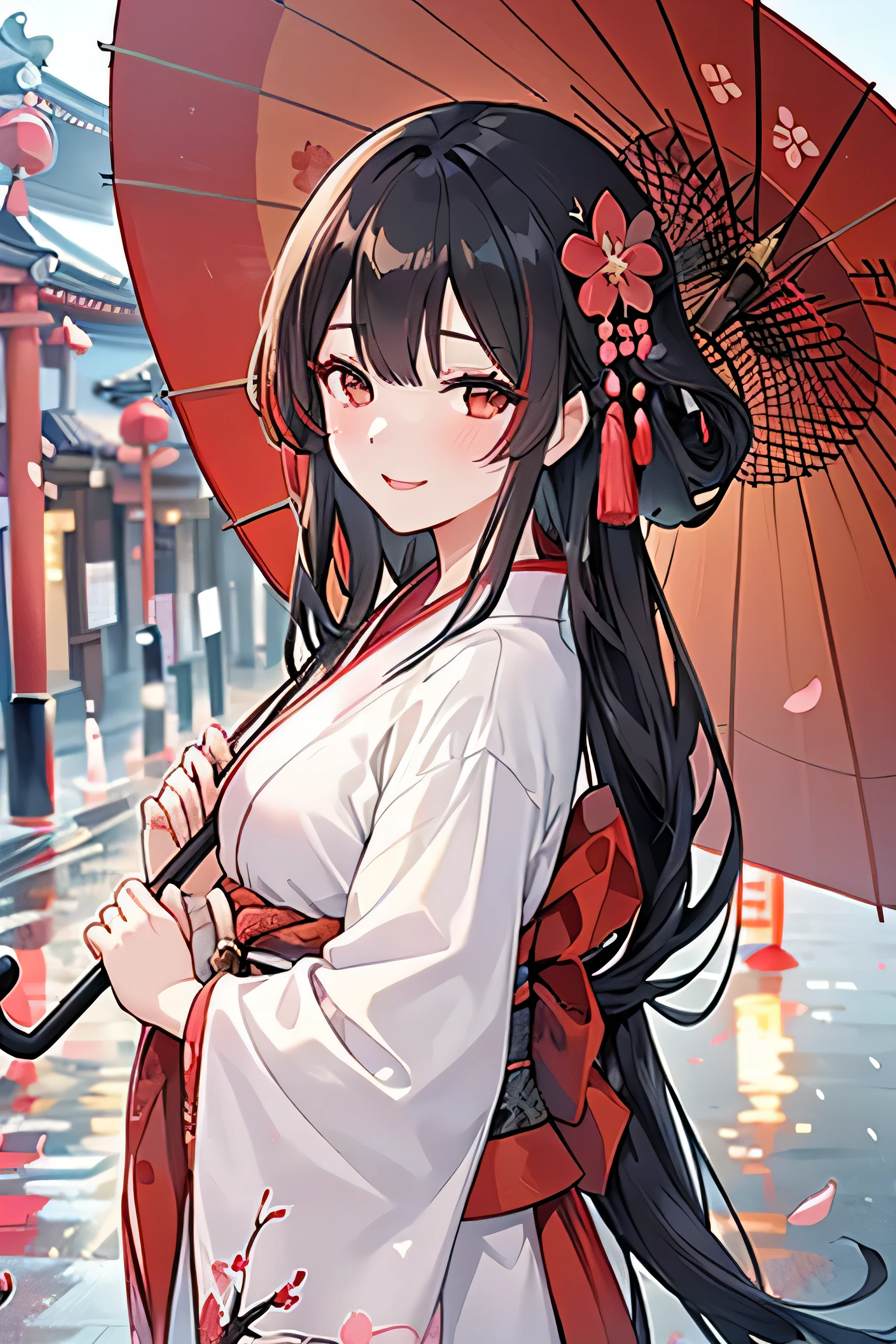 highest quality, Tokyo(Asakusa,Street), It's drizzling, One beautiful woman(Black Hair, Kimono(Cherry blossom pattern), Holding an umbrella),Smiling, Facing forward,