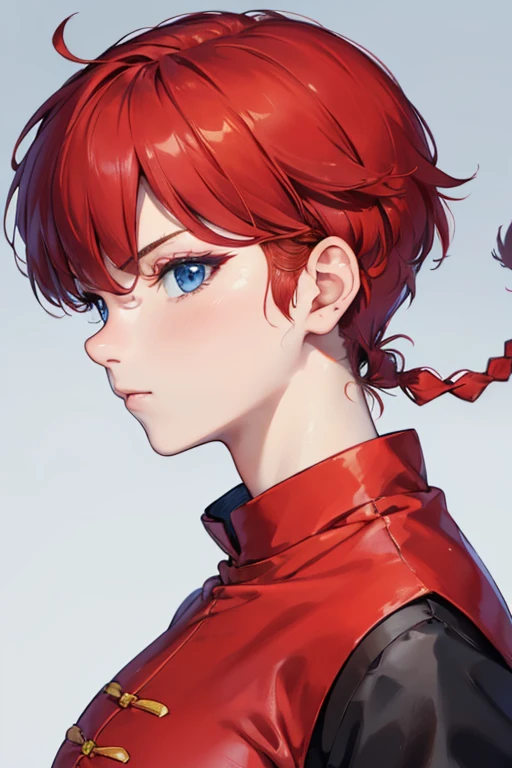 ((masterpiece)), high quality, very_high_resolution, large_filesize, full color, heavy outline, clear outline, colorful, (beautiful detailed eyes), (beautiful face:1.3), (boyish face:1.3), 1 girl, (femaleranma), (red hair), short hair, (braided ponytail), ((bangs)), bumpy bangs, blue-gray eyes, big breasts, curvy, femaleranma, braided ponytail, (red chinese clothes), sleeveless, tangzhuang, black pants, cameltoe, standing, upper body, ((from side:1.4)), ((portrait:1.8)), ((face focus:1.4)),