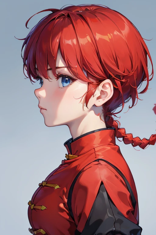 ((masterpiece)), high quality, very_high_resolution, large_filesize, full color, heavy outline, clear outline, colorful, (beautiful detailed eyes), (beautiful face:1.3), (boyish face:1.3), 1 girl, (femaleranma), (red hair), short hair, (braided ponytail), ((bangs)), bumpy bangs, blue-gray eyes, big breasts, curvy, femaleranma, braided ponytail, (red chinese clothes), sleeveless, tangzhuang, black pants, cameltoe, standing, upper body, ((from side:1.4)), ((portrait:1.8)), ((face focus:1.4)),