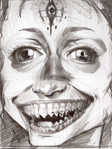 drawing of a smiling face with a toothy grin, horror face, scary portrait, humanoid with crooked teeth, horrifying grin. horror, haunting face, scary face, scary smile, creepy smile, demonic face, horror macabre face, terrifying face, very expressive detailed face, creepy evil smile, screaming face, scared face, inspired by Junji Ito