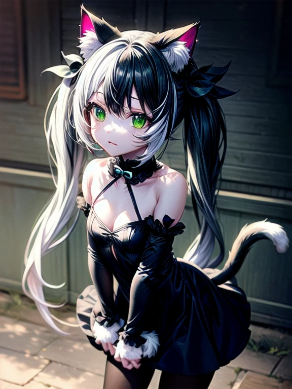 1girl, (masterpiece), best quality, expressive eyes, perfect face, long hair, bangs, ((black hair)), ((white hair)), ((multicolored hair), ((black dress)), animal ears, cleavage, bare shoulders, twintails, very long hair, closed mouth, ((green eyes)), standing, tail, pantyhose, detached sleeves, ((cat ears)), small breasts, streaked hair, ((cat tail)), ((animal ear fluff)), black pantyhose, ((low twintails)), ((cat girl))