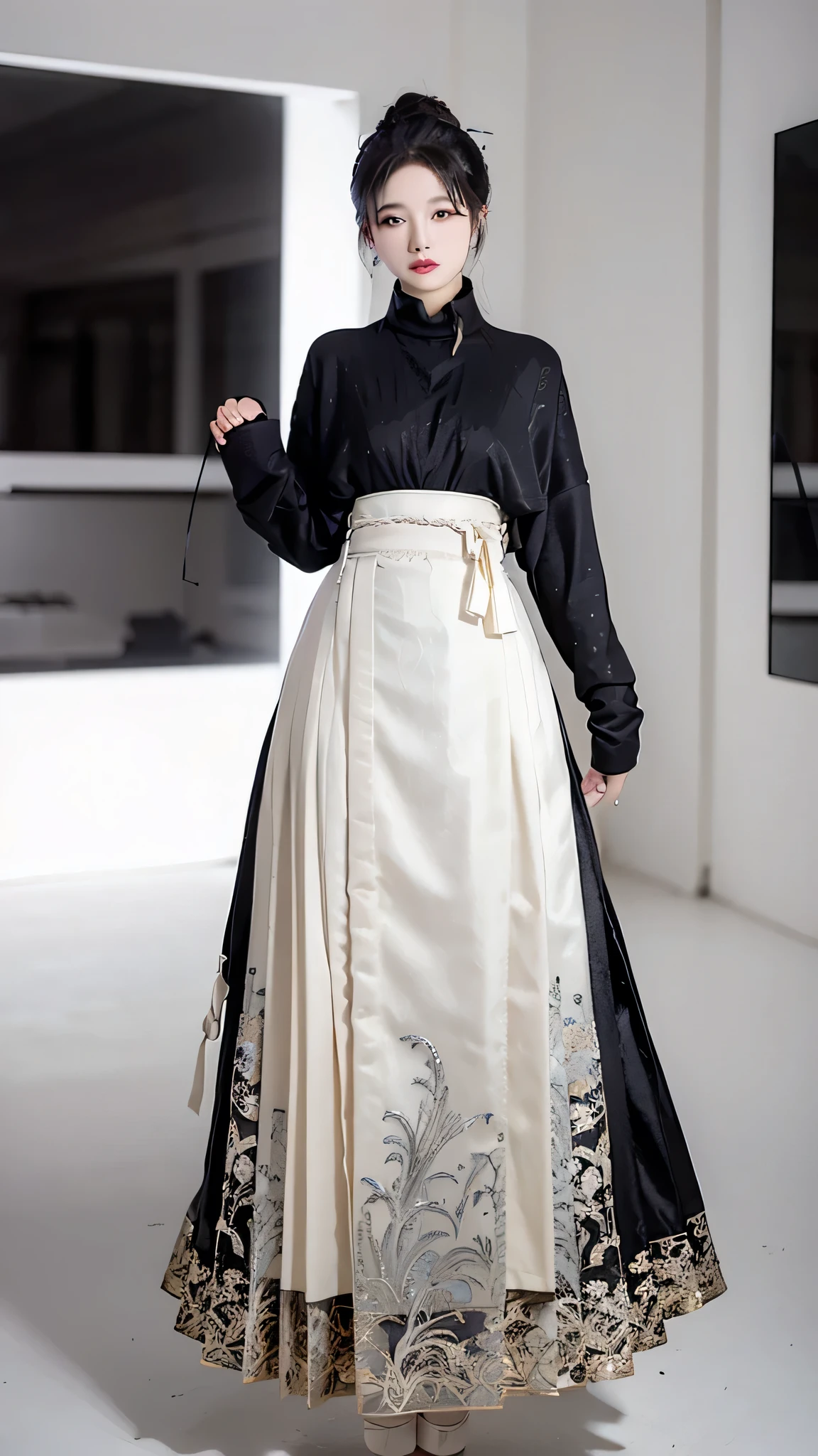 black and white colors,Exquisite,Dress conservatively,Turtleneck shirt,fashion design,Long coat,With laces,Wear loose pants,Multi-folded,fashionable,Loose,Full body standing,Extremely detailed, masterpiece, Top quality, best quality, High resolution, 4k, 8K, RAW photos, ((theme:1.2))