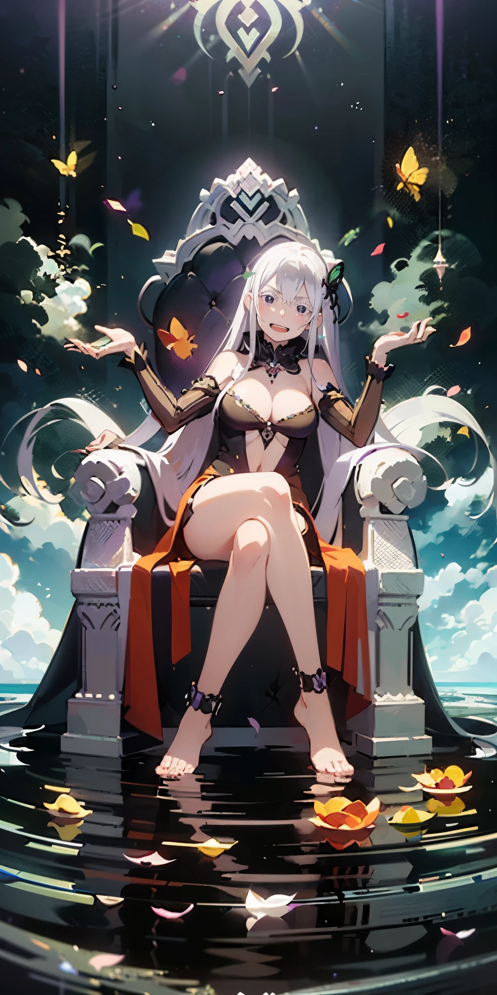 (silver hair, long hair, purple eyes:1.4), hair ornament, breasts, jewelry, 1girl, solo, anklet, sitting, cleavage, detached_sleeves, barefoot, bare_shoulders, bracelet, water, large_breasts, looking_at_viewer, smile, dress, hair_ornament, magic, fire, flower, very_long_hair, full_body, mole, wide_sleeves, bangs, feet, medium_breasts, thighs, petals, crossed_legs, 
BREAK. "Vector art, Vivid colors, Clean lines, Sharp edges, Minimalist, Precise geometry, Simplistic, Smooth curves, Bold outlines, Crisp shapes, Flat colors, Illustration art piece, High contrast shadows, Technical illustration, Graphic design, Vector graphics, High contrast, Precision artwork, Linear compositions, Scalable artwork, Digital art"