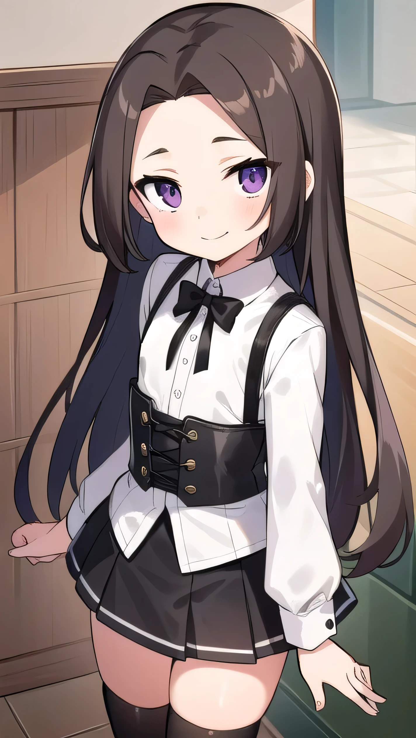 Brown hair, long hair, purple eyes,middle part, wide forehead, white shirt, long sleeves, black corset, black miniskirt, black knee socks, middle school student, flat chest , short, narrow eyes, hanging eyes, forehead, straight hair, harness, gentle smile