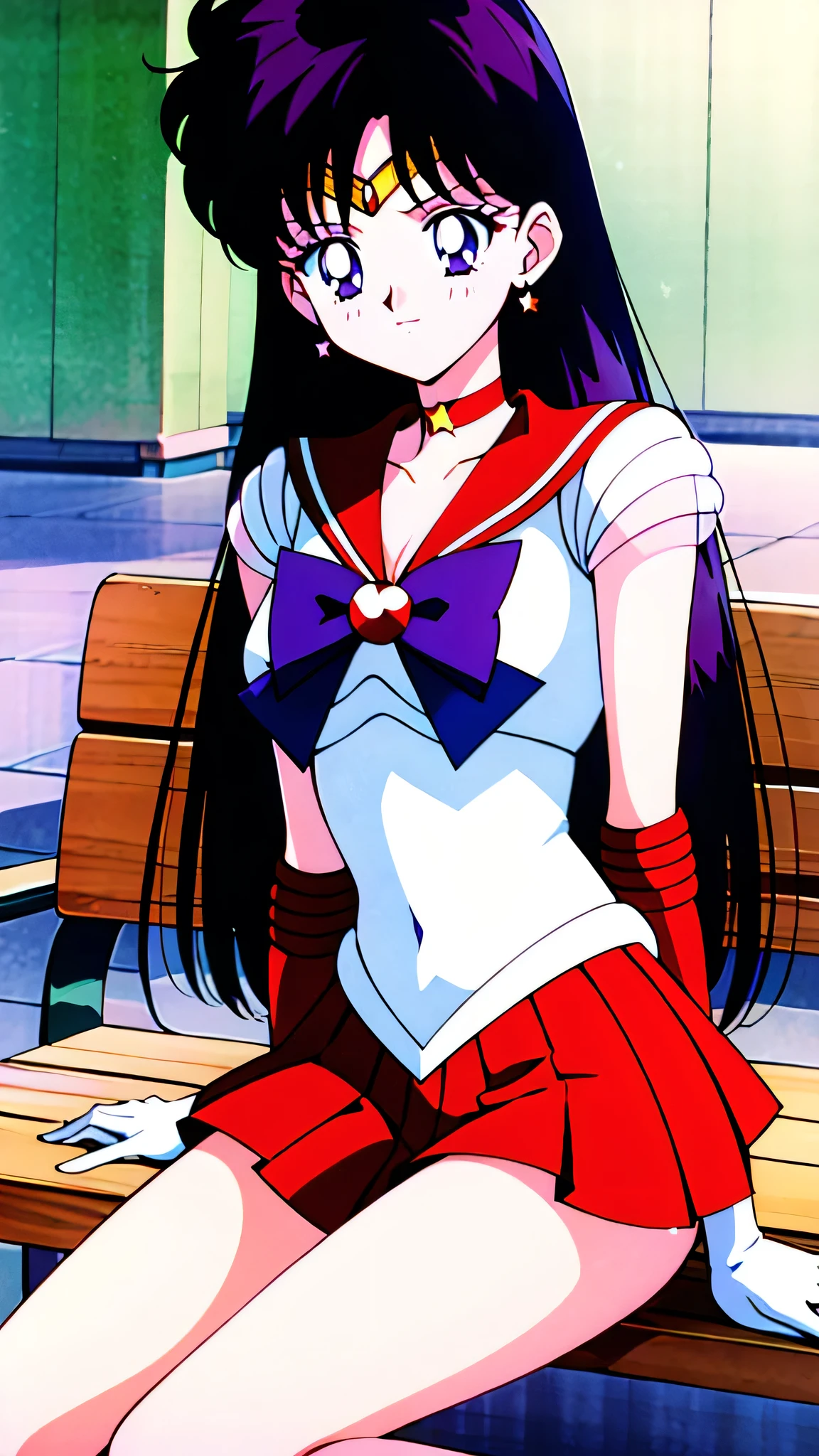 highres, sama1, tiara, sailor senshi uniform, white gloves, red sailor collar, red skirt, star choker, elbow gloves, pleated skirt, bare legs, purple bow, sitting, bench, 1990s \(style\), masterpiece, best quality, perfect composition, Cowboy shot