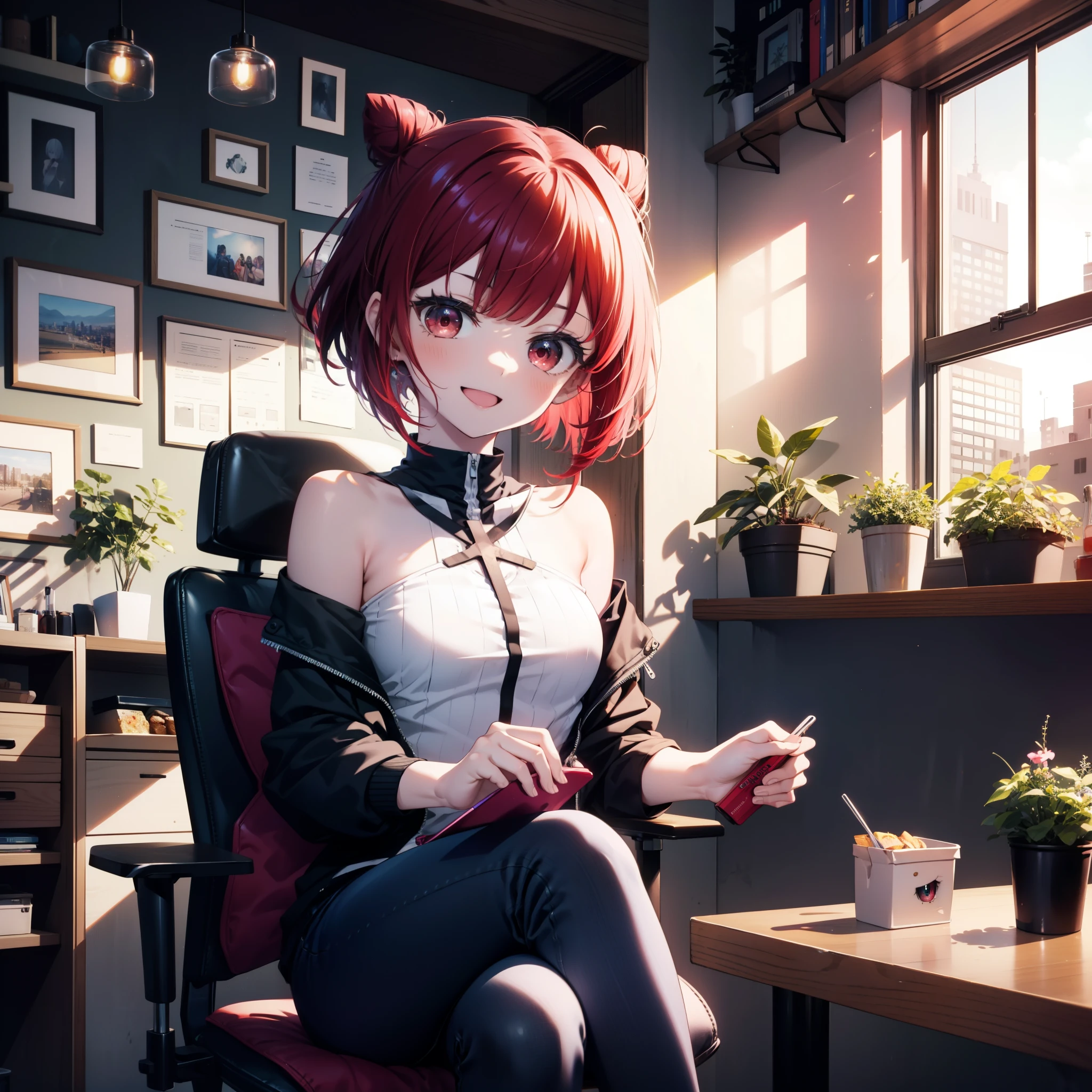 Arima etc.., Arima Kana, (Red eyes:1.5), Red Hair,Short Hair,Bob Hair,happy smile, smile, Open your mouth,Hair Bun, single  Hair Bun,Redhead,Off-the-shoulder shirt,Short sleeve,Exposing shoulders,skinny pants,Stiletto heels,sitting cross-legged on a chair,There is a lunch box on the table,whole bodyがイラストに入るように,Daytime,Clear skies,
壊す looking at viewer,whole body,
Breaking indoors,office,　　　　　　　　　　　　(masterpiece:1.2), highest quality, High resolution, unity 8k wallpaper, (shape:0.8), (Beautiful and beautiful eyes:1.6), Highly detailed face, Perfect lighting, Extremely detailed CG, (Perfect hands, Perfect Anatomy),