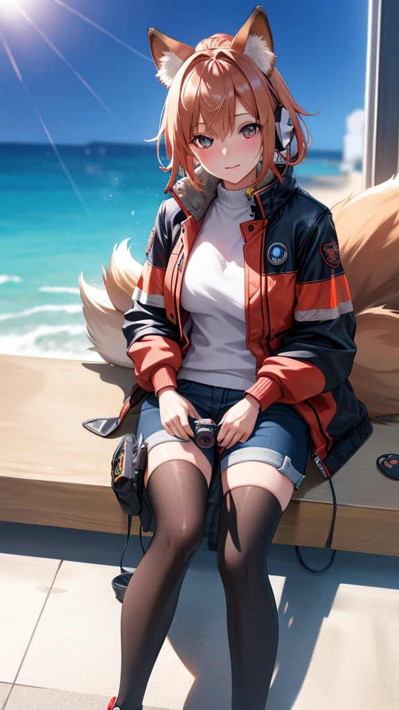 A cute red fox wearing headphones sitting in front of an office. Cute customer service HD picture., Using advanced macro photography technology、The hands are very detailed, Sunlight, (Blurred background), Wallop, Art Station, CG Settings, concept art, CG Settings, Octane Rendering, Art and Fashion, Art StationHD, Art Station, 4k, 8K, masterpiece, Better quality, Super detailed, expressive eyes.