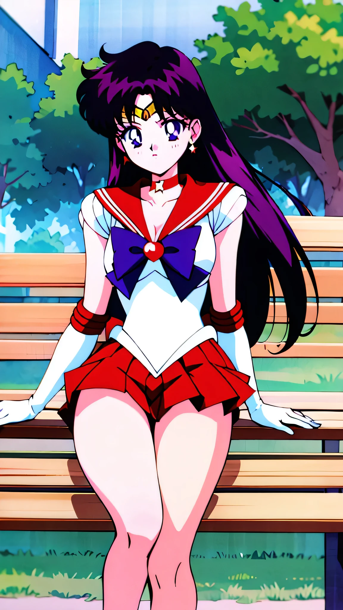 highres, sama1, tiara, sailor senshi uniform, white gloves, red sailor collar, red skirt, star choker, elbow gloves, pleated skirt, bare legs, purple bow, sitting, bench, 1990s \(style\), masterpiece, best quality, perfect composition, Cowboy shot
