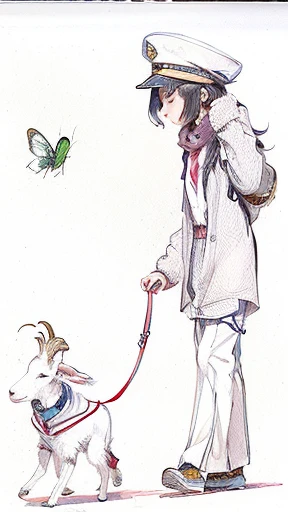 drawing of a woman in a sailor's hat and tie walking a dog, insect trainer girl, concept piece, hand drawn illustration, girl and a goat, inspired by Hiromu Arakawa, an illustration, by Naka Bokunen, friendly guy and small creature, [ conceptual art ]!!, colored illustration, colored sketch, inspired by Félix Bódog Widder