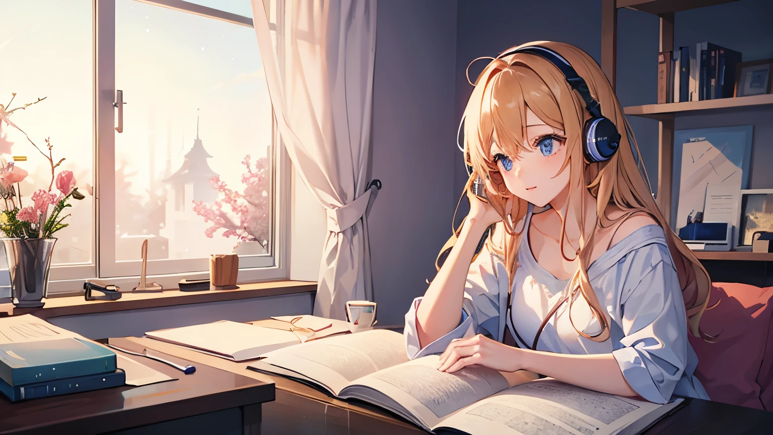 A beautiful girl studying while listening to music in her room、Dim lighting、Outside the window is a starry sky、Japanese anime style