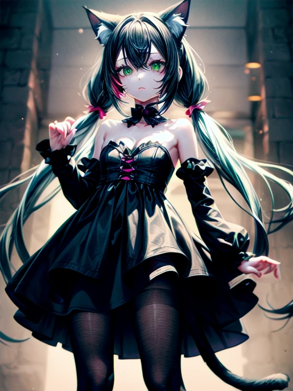 1girl, (masterpiece), best quality, expressive eyes, perfect face, long hair, bangs, ((black hair)), ((white hair)), ((multicolored hair), ((black dress)), animal ears, cleavage, bare shoulders, twintails, very long hair, closed mouth, ((green eyes)), standing, tail, pantyhose, detached sleeves, ((cat ears)), small breasts, streaked hair, ((cat tail)), ((animal ear fluff)), black pantyhose, ((low twintails)), ((cat girl))