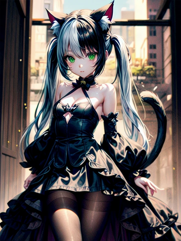 1girl, (masterpiece), best quality, expressive eyes, perfect face, long hair, bangs, ((black hair)), ((white hair)), ((multicolored hair), ((black dress)), animal ears, cleavage, bare shoulders, twintails, very long hair, closed mouth, ((green eyes)), standing, tail, pantyhose, detached sleeves, ((cat ears)), small breasts, streaked hair, ((cat tail)), ((animal ear fluff)), black pantyhose, ((low twintails)), ((cat girl))