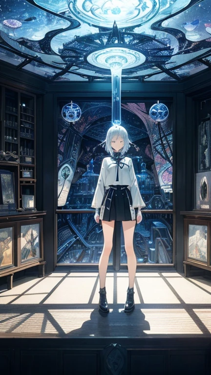 Kay Nielsen, Edgar P. Jacobs, Leo Timmers, Surrealism Mysterious Weird Fantastic Fantasy Sci-fi, Japanese Anime, Perspective view of a beautiful high school girl in a miniskirt, Drawing the world with geometry, Blueprint Inside a glass bottle, detailed masterpiece Hyper realistic sharp focus cinematic lighting embarrassing shy blushing looking at viewer coquettish real