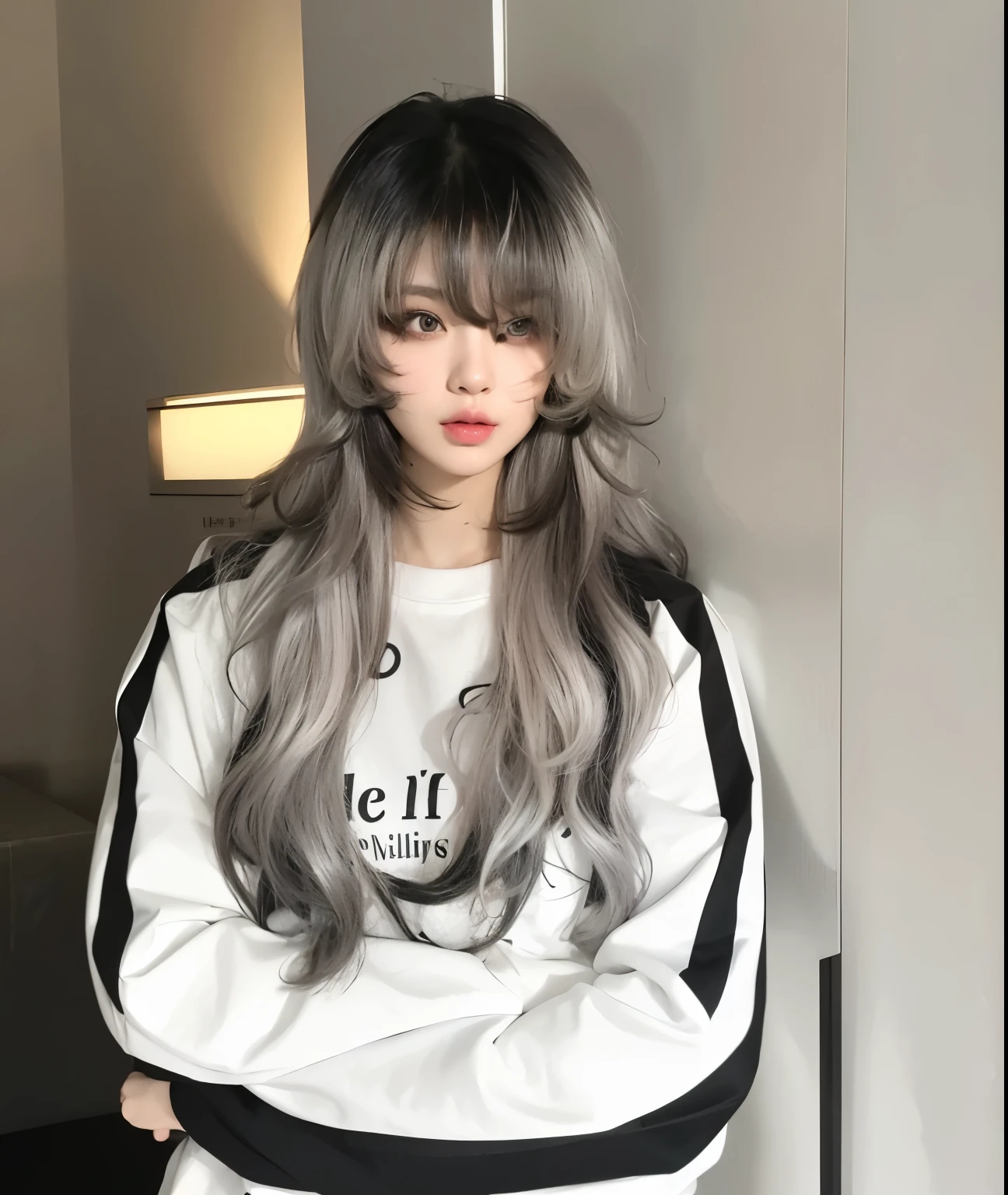 masterpiece, best quality, Girl wearing black and pink T-shirt，Gradient gray hair，Black and white gradient hair color，Flowing long hair，Long curly hair，Cool girl，a girl，Exquisite facial features，