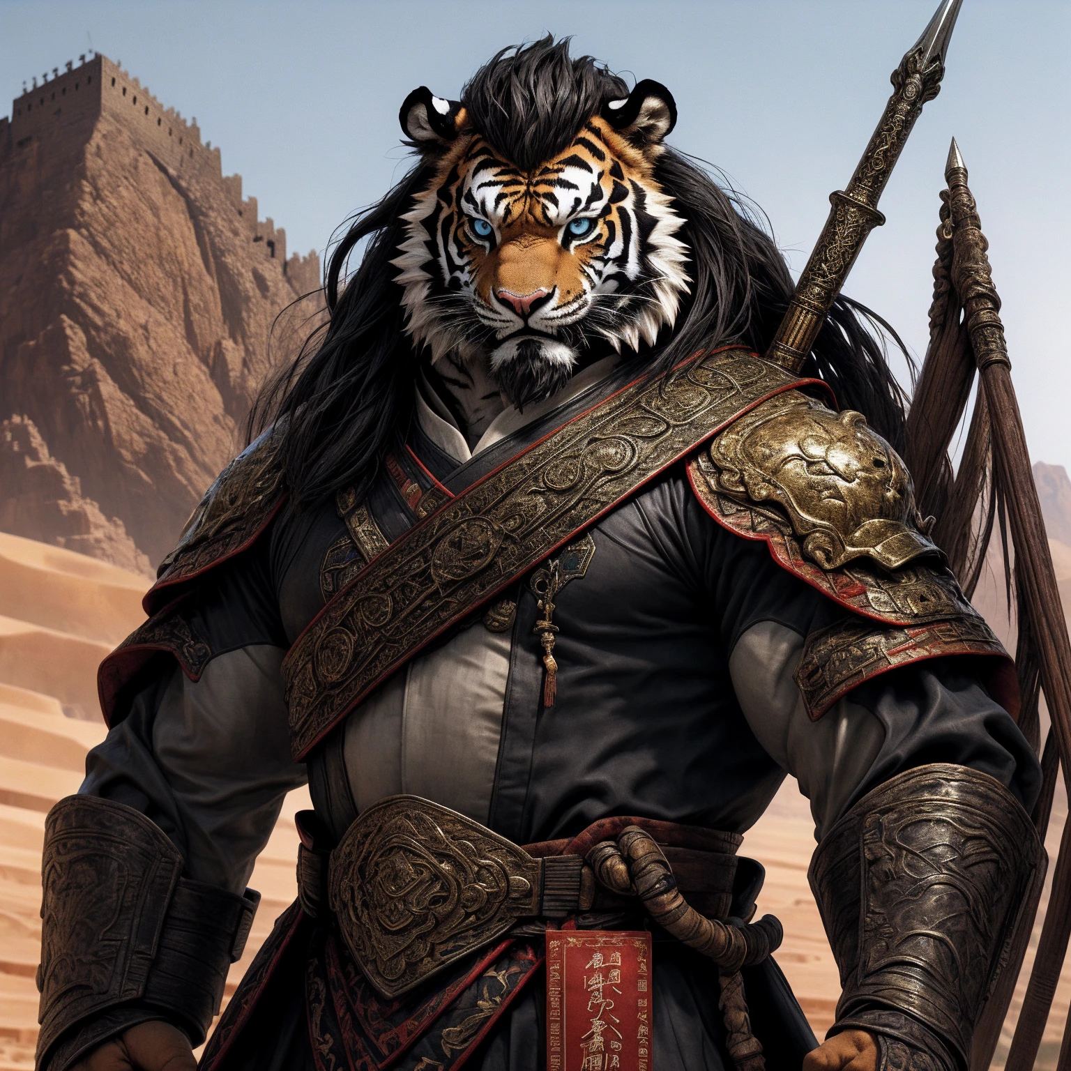 (黑色tiger),(黑色General战袍),Armed with a spear,Powerful gesture,Stand confidently and proudly,(The Great Wall of the Frontier with the desert Gobi in the background:1.2The Great Wall),abdominal muscles,heroic gesture飒爽,完美的masterpiece,Various facial details,Long-range view,specific description,masterpiece,CG,(Light blue eyes),Light black pattern,Black tail,General,heroic gesture,tiger,Red fur,Specific facial details,Half Body,(炎火General战履),(Chang Ling),((middle aged)),(Face focus),(16K),HD,Red and white belly,temple,beard,(facial lines),Different students,(Black shirt),(Light black hair),Strong,muscle,(high resolution:1.3),Chinese style general holding a sword and looking into the distance