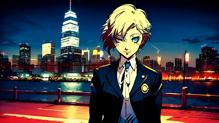 1girl, expressive eyes, wink, sneaky smile, patterned clothes dress, jojo poses, big urban city in night time in background, jojo stand in background, detail richness, masterpiece, best quality, PERSONA style, Soejima Shigenori style