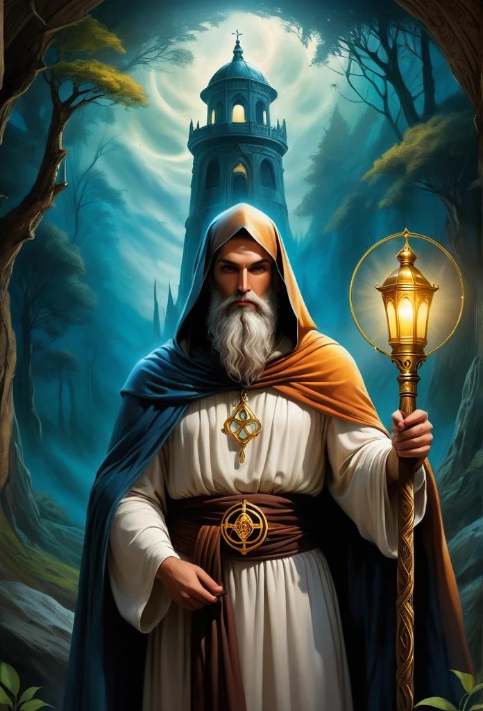 card，tarot cards：1.37. The Hermit, un hombre viejo con barba larga y vestido de togas rasgadas y desgastadas arapadas con capucha, atada a la cintura con una cuerda, va caminado en un bosque y sostiene un farol en su mano para iluminar su camino, Mystical symbols and elements，ancient mysterious atmosphere，Realistic illustrationeticulous details，Vibrant and energetic composition，happy style，gothic style