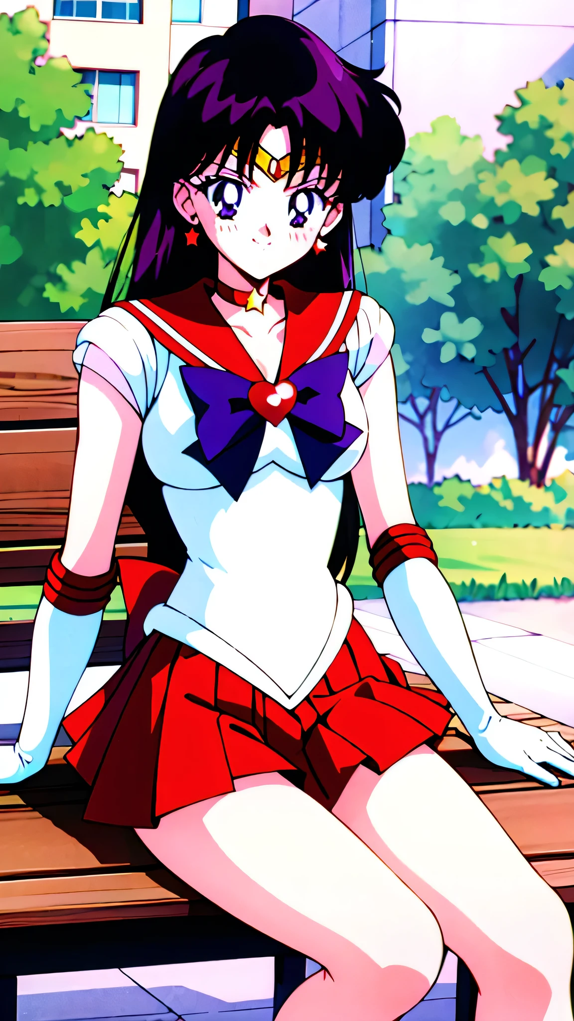 highres, sama1, tiara, sailor senshi uniform, white gloves, red sailor collar, red skirt, star choker, elbow gloves, pleated skirt, bare legs, purple bow, sitting, bench, 1990s \(style\), masterpiece, best quality, perfect composition, Cowboy shot, blushing, smile
