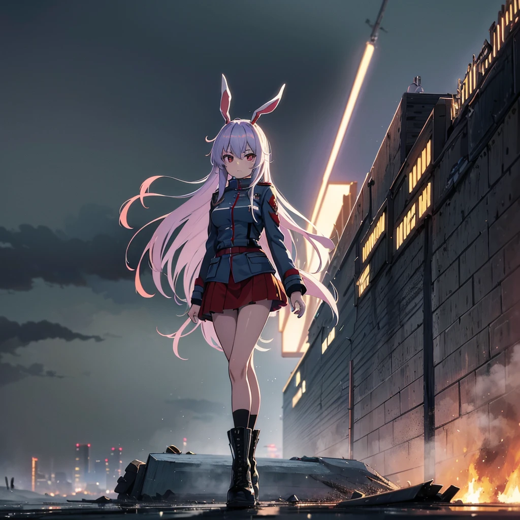 1 girl, solo, Reisen Udongein Inaba, touhou, masterpiece, white rabbit ears, sidelocks, artic camouflage, military uniform, holding automatic rifle, walking towards viewer, scowling, battlefield art style, wide shot, cold colors, cold tone, military vehicles in background, ruined cityscape, heavy rain