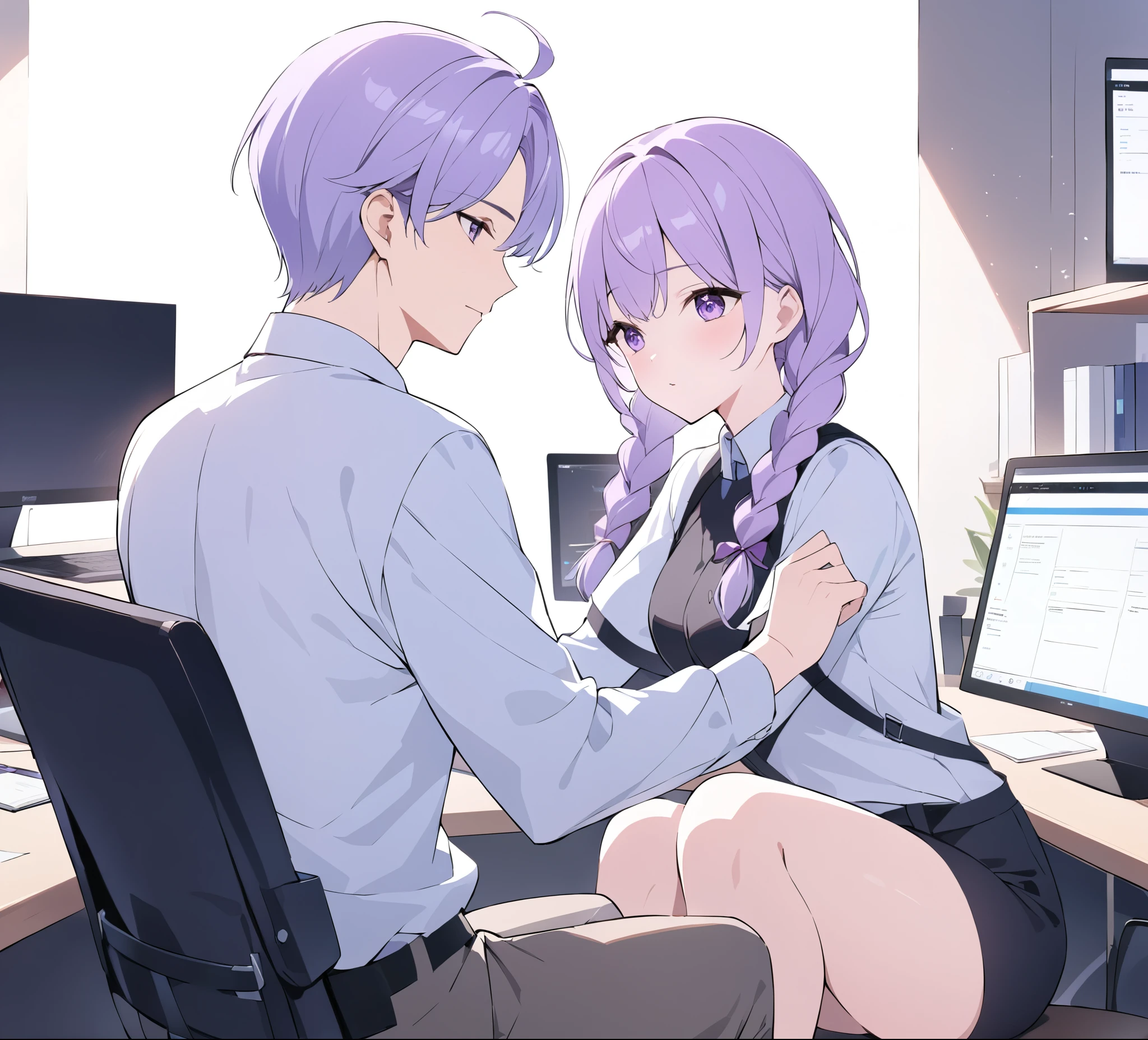 A captivating illustration portraying a blossoming romance between a man and a woman((1 male, 1 woman with purple and white gradient double braids)) in the office. The art form resembles a subtle and sophisticated digital painting, capturing the nuances of their relationship. The scene is set in a modern office space, with sleek desks, computers, and a backdrop of bustling professionals. The man and woman are seated close to each other, engrossed in a heartfelt conversation. Their body language exudes warmth and familiarity, hinting at their connection. Soft, natural lighting fills the room, creating a warm and inviting atmosphere. The overall result is a tender depiction of an office romance, showcasing the delicate balance between work and love in a professional setting.