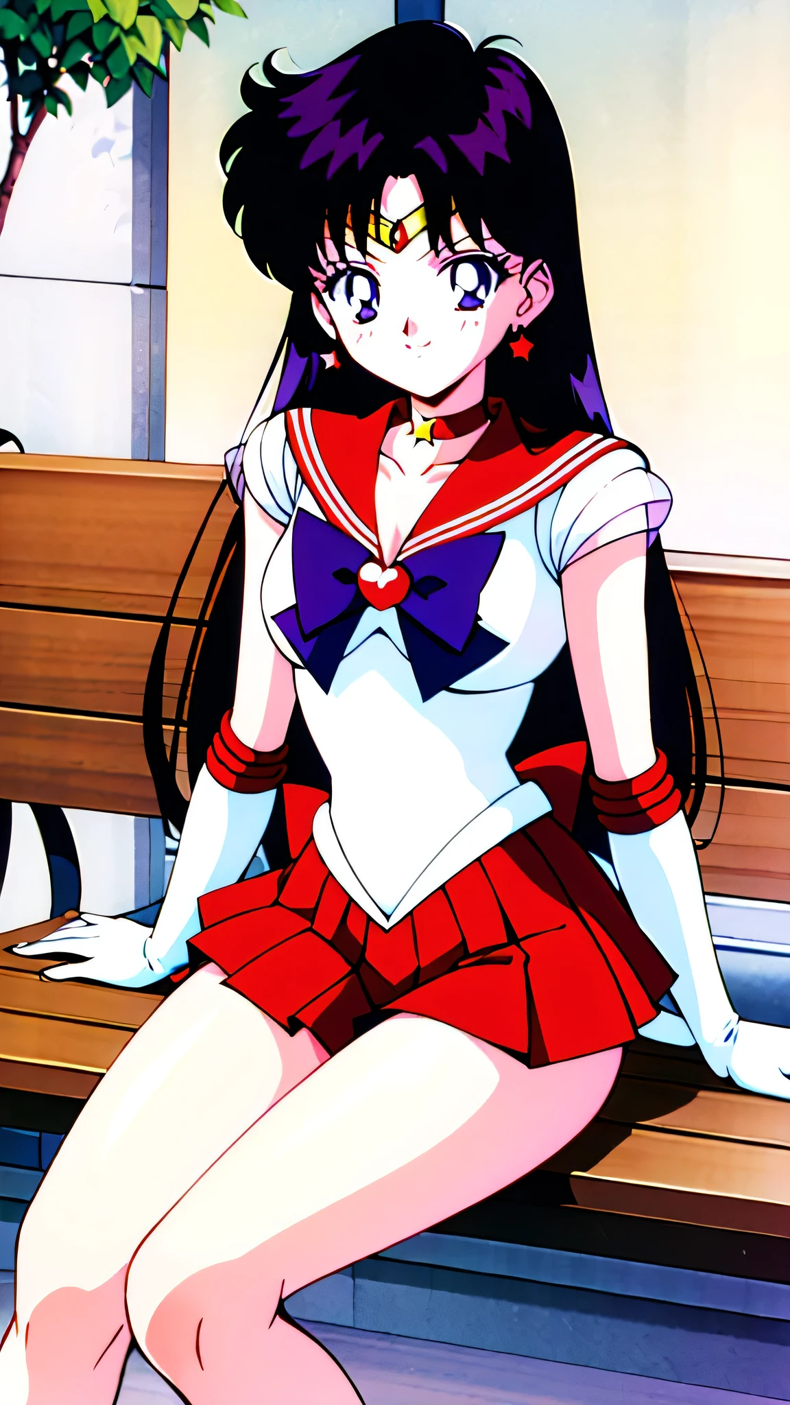 highres, sama1, tiara, sailor senshi uniform, white gloves, red sailor collar, red skirt, star choker, elbow gloves, pleated skirt, bare legs, purple bow, sitting, bench, 1990s \(style\), masterpiece, best quality, perfect composition, Cowboy shot, blushing, smile
