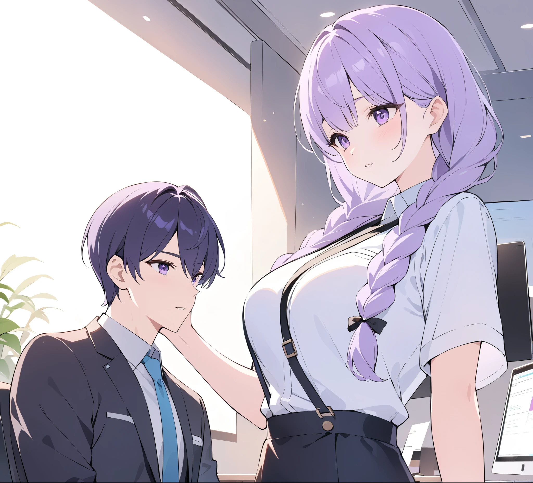A captivating illustration portraying a blossoming romance between a man and a woman((1 male, 1 woman with purple and white gradient double braids)) in the office. The art form resembles a subtle and sophisticated digital painting, capturing the nuances of their relationship. The scene is set in a modern office space, with sleek desks, computers, and a backdrop of bustling professionals. The man and woman are seated close to each other, engrossed in a heartfelt conversation. Their body language exudes warmth and familiarity, hinting at their connection. Soft, natural lighting fills the room, creating a warm and inviting atmosphere. The overall result is a tender depiction of an office romance, showcasing the delicate balance between work and love in a professional setting.