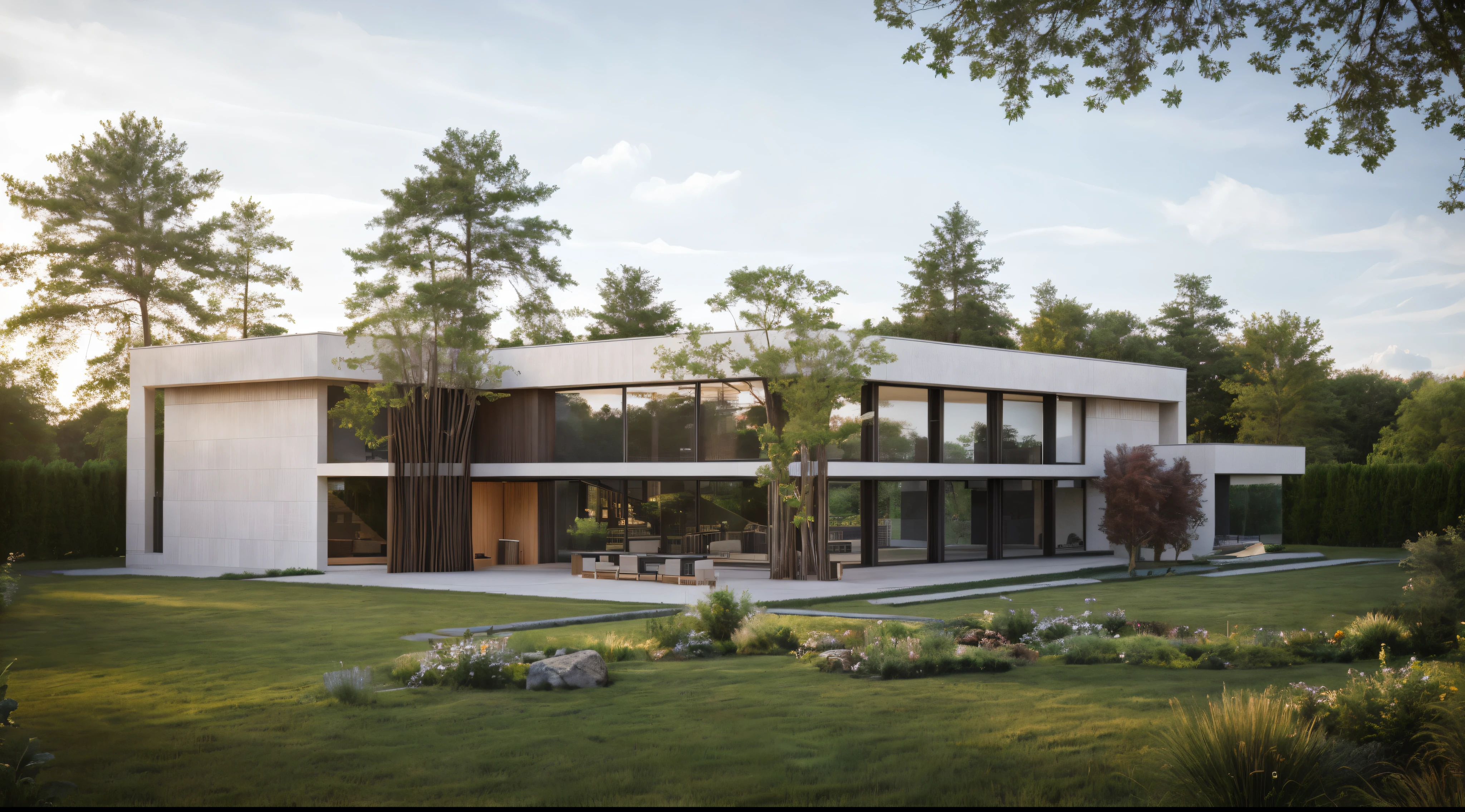 (masterpiece),(high quality), best quality, real,(realistic), super detailed,(full detail),(4k),8k,modern house exterior design,Modern architecture,house in the middle of the field, White house, Oak wood, Beautiful_sky,Day_light, no_humans, outdoors,sky,Tropical_trees,Garden_flower_front_of_building,