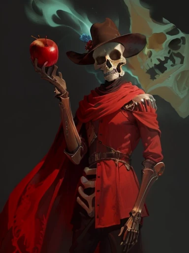 painting of a skeleton dressed in a red outfit holding a red apple, undead lich, creepy explorer sketch, skelleton, bloody + concept art, saint skeleton queen, crimson themed, undead mage, an old lady with red skin, skeleton cowboy, crimson attire, granny weatherwax, portrait of a red sorcerer, lich, plague doctor, an undead desert lich pharaoh