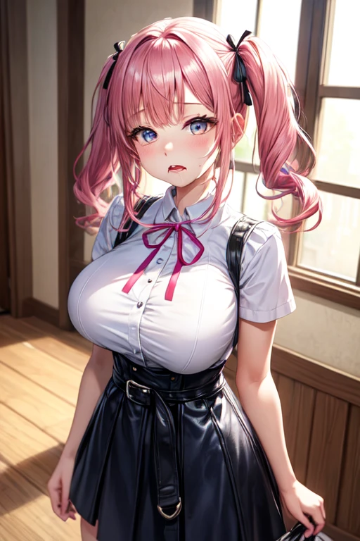 (Half-open eyes)、Short sleeve、A pure white button-front mini dress、Black ribbon around neck、Navy blue leather belt around the waist、Pink twin tails、Amber Eyes、Sleepy face、Droopy eyes、Drooling from the mouth、round face、Big Breasts、beautiful girl、highest quality、High resolution、anime、1 person、indoor、Standing upright with empty hands、