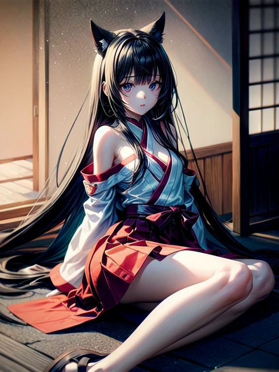 ((1girl)), (masterpiece), best quality, expressive eyes, perfect face, long hair, bangs, skirt, ((black hair)), ((black eyes)), (small breast), long sleeves, cleavage, very long hair, japanese clothes, wide sleeves, blunt bangs, black eyes, sandals, legs apart, ofuda, ((miko)), hime cut, gohei