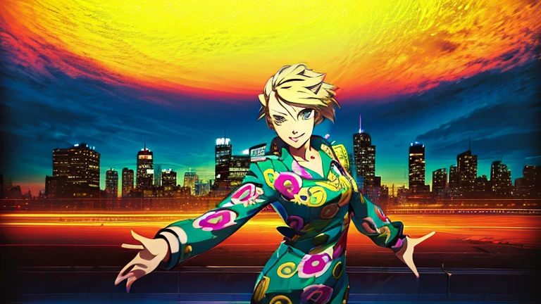 1girl, expressive eyes, wink, sneaky smile, patterned clothes dress, jojo poses, big urban city in night time in background, jojo stand in background, detail richness, masterpiece, best quality, PERSONA style, Soejima Shigenori style