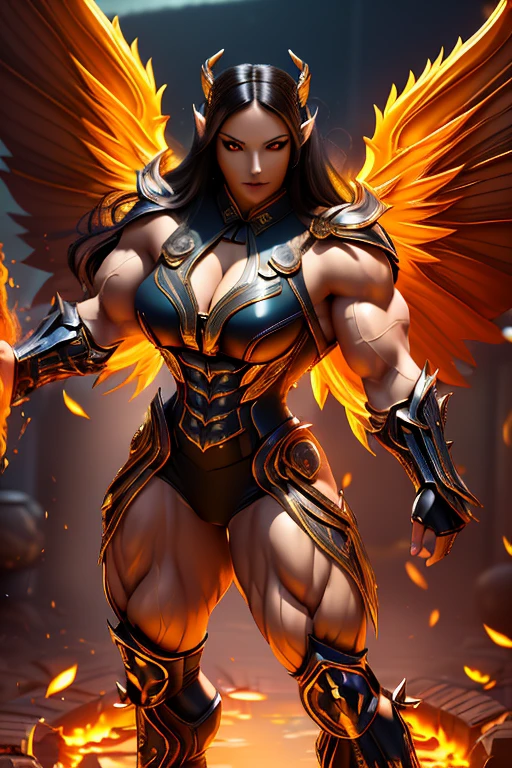 (((Massive, beautiful, buff, light brown skinned, muscular woman with black hair, black lipstick, glowing orange eyes, huge angel wings, ginormous bulky muscles and wearing a beautiful long black futuristic armored cheongsam dress))), (close view), massive muscles, massive biceps, huge angel wings, hyper muscle triceps, (long straight hair), orange eyes, beautiful long cheongsam dress, (gauntlets), high heels boots, in a sea of black flames, surrounded by black fire, night, smirk, hyper muscles arms, hyper muscle legs, massive arms.