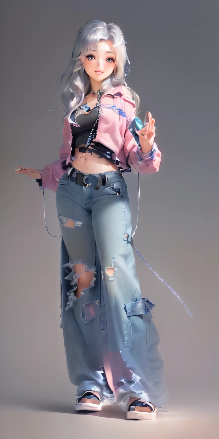 ((masterpiece, highest quality, High resolution, 超High resolution, Perfect Pixel, Depth of written border, 4K, RTTX 10.0, High resolution))), 1 girl, single, alone, Full body, Beautiful Anime Girls, Beautiful art style, Anime characters, ((Long Hair, Parted bangs, Silver)), (Green Eyes:1.4, Round eyes, Beautiful eyelashes, Realistic eyes), (Detailed face, blush:1.2), (Smooth texture:0.75, Realistic texture:0.65, Realistic:1.1, Anime CG Style), ((Medium chest)),, Perfect body, (blue jeans with ripped knees, grey top, pink jacket), ((smile)), ((Leaning forward, Place your hands behind your back)),Sexy face、Low Angle