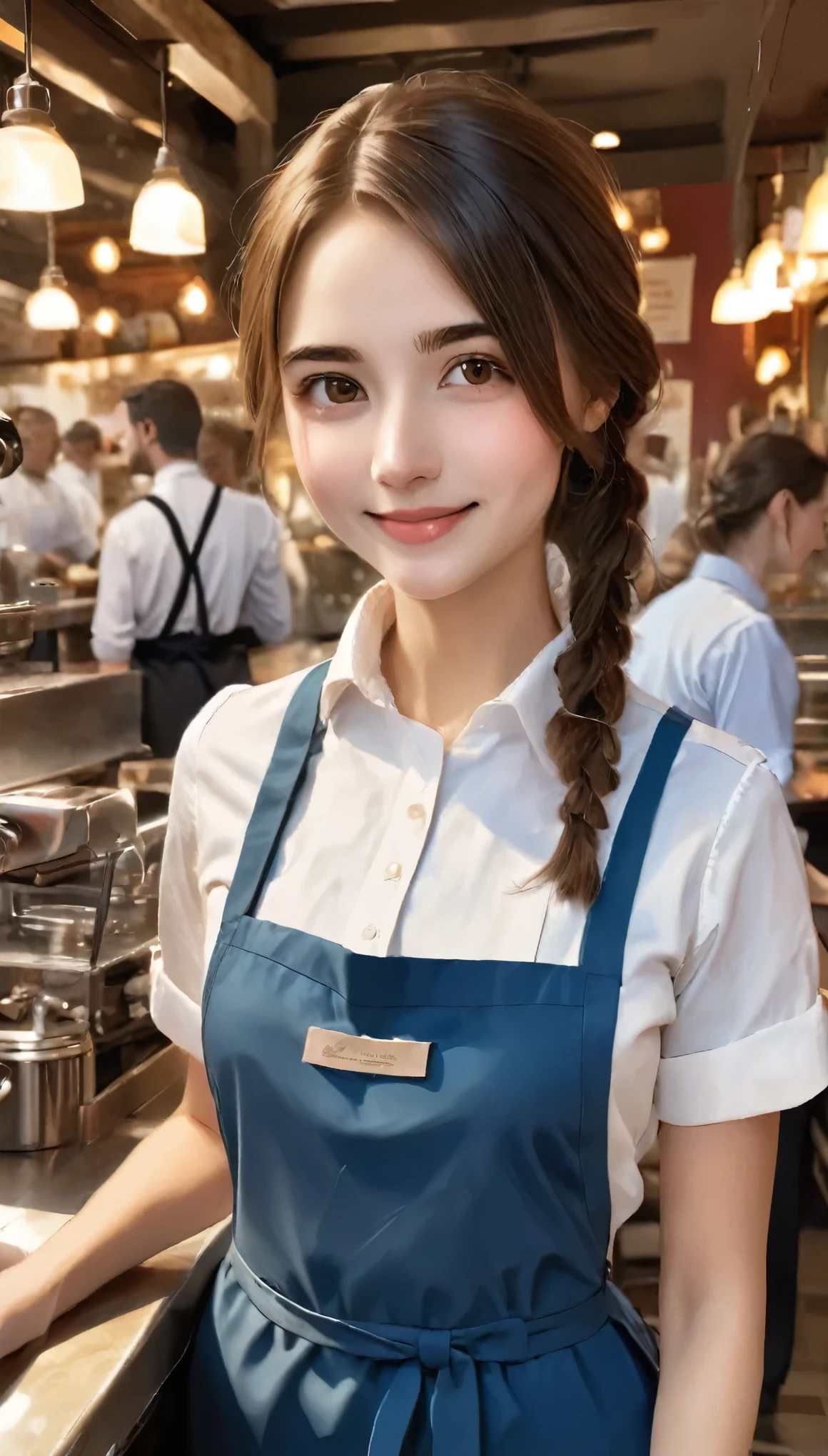 ((highest quality)),((masterpiece)),((Realistic)),Portrait of a young waitress in a crowded cafe,(A friendly smile and an efficient attitude:1.2),[expressive brown eyes],[Apron and tray in hand],(Casual yet professional attire:1.3),[Busy cafe background],(Capturing the essence of hospitality:1.2),[Professional realism],(8K resolution:1.2),