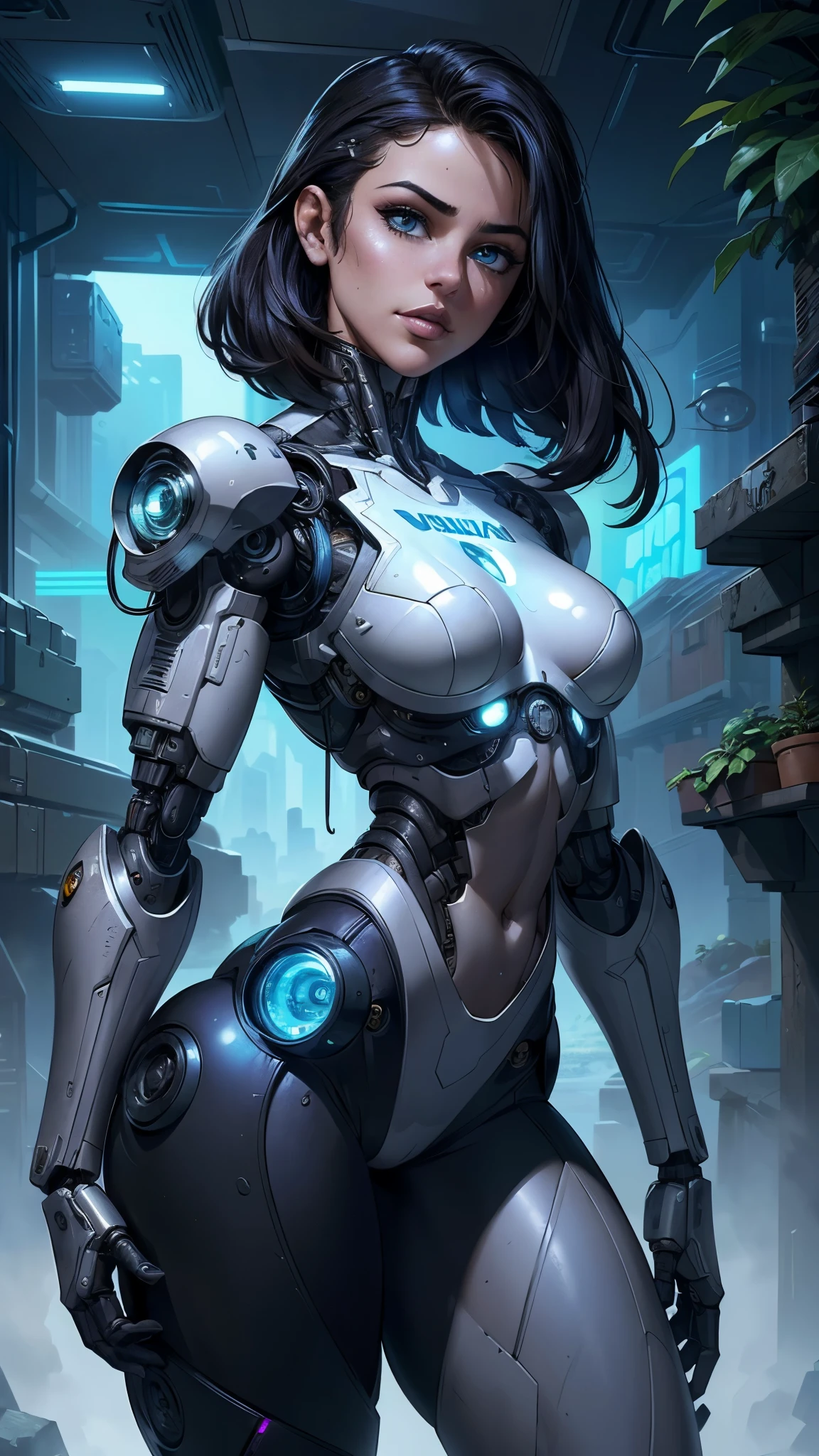 (La mejor calidad,A high resolution,Ultra - detallado,actual),Selena Gomez es un robot con una planta en la cabeza, (amable chica cyborg con flores y plantas :1.4) , retrato de mujer humanoide, hermosa chica blanca cyborg, retrato de una mujer androide, (cyborg vegetable mechanical foliage :1.4) , retrato de un robot futurista, (hermosa chica cyborg white :1.4) , retrato de mujer androide, hermosa cyborg femenina, hermosa y seductora cyborg femenina, (cyberpunk en el follaje cyborg :1.4) , (mujer cyborg perfecta), More detailed 8K.motor irreal:1.4,UHD,La mejor calidad:1.4, fotorrealista:1.4, textura de la piel:1.4, obra maestra:1.8,obra-prima, mejor calidad,objeto Objeto], (detailed face features:1.3),(Las proporciones correctas),(Ojos hermosos azules:1.4 ),  (pose vaquero),(Fondo de ruinas de mazmorra en ruinas:1.4 ), (perfect anatomy :1.4),(face detailed :1.4), ( cinematic lighting :1.4), (dynamic cowboy pose), (Selena Gomez V2.1), (Selena Gomez :1.4), Mechanical vertebrae attached to the back, mechanical cervical attachment to the neck, alambres y cables que se conectan a la cabeza, Evangelion, small bright LED lamps, 