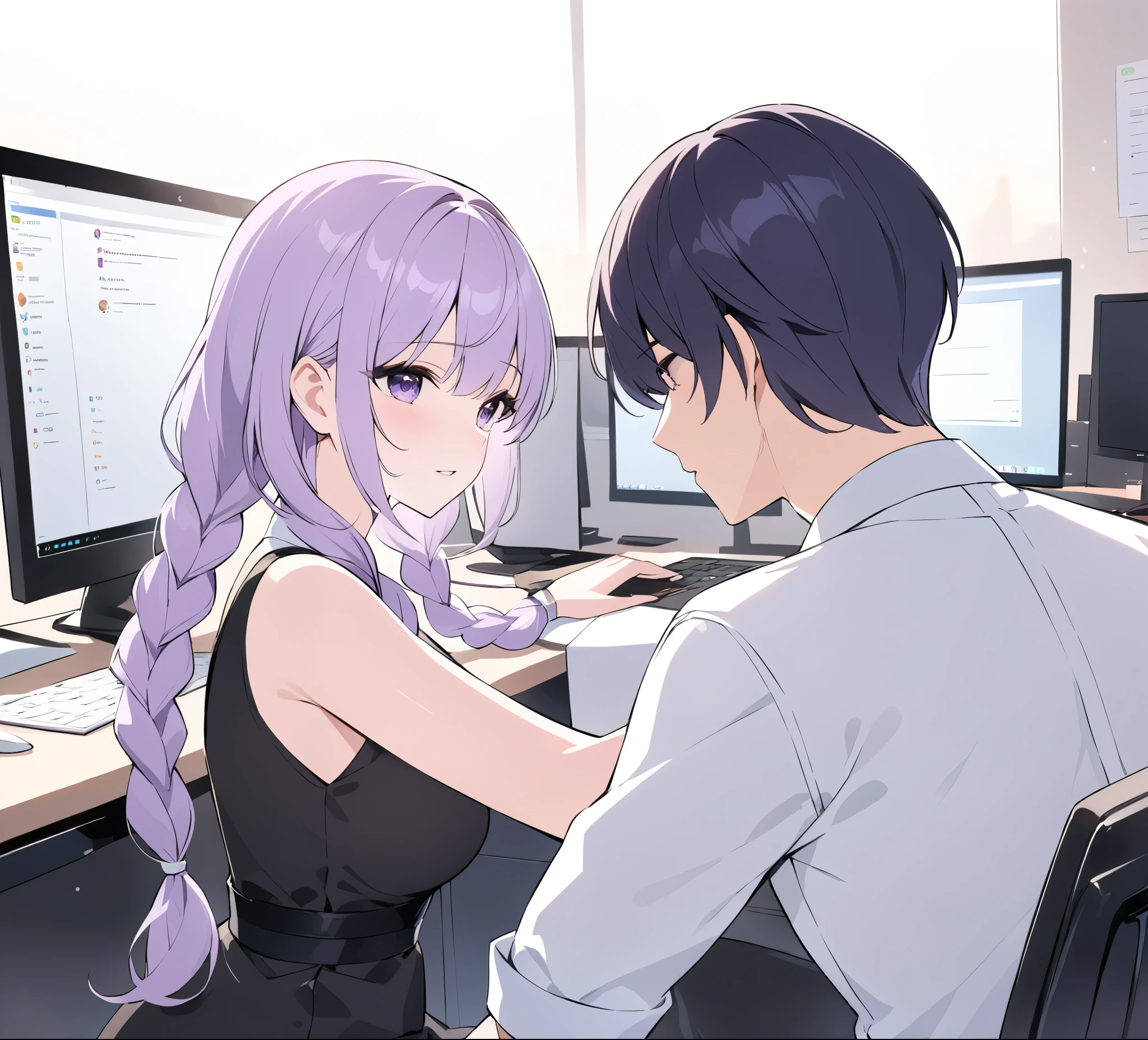 A captivating illustration portraying a blossoming romance between a man and a woman((1 male, 1 woman with purple and white gradient double braids)) in the office. The art form resembles a subtle and sophisticated digital painting, capturing the nuances of their relationship. The scene is set in a modern office space, with sleek desks, computers, and a backdrop of bustling professionals. The man and woman are seated close to each other, engrossed in a heartfelt conversation. Their body language exudes warmth and familiarity, hinting at their connection. Soft, natural lighting fills the room, creating a warm and inviting atmosphere. The overall result is a tender depiction of an office romance, showcasing the delicate balance between work and love in a professional setting.