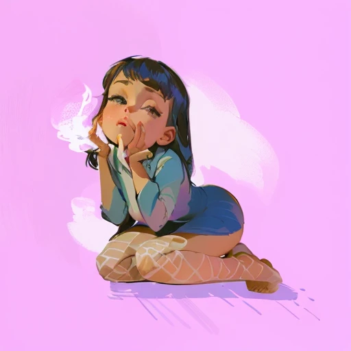 cartoon girl sitting on the ground with her hands in her mouth, weird expressionist pose, lowres, fleshy creature above her mouth, 2 d illustration, 2d illustration, distorted pose, pinup pose, illustration of to pout, pouting, colored sketch, thinking pose, hands behind her body pose!, smoking with squat down pose, character is in her natural pose