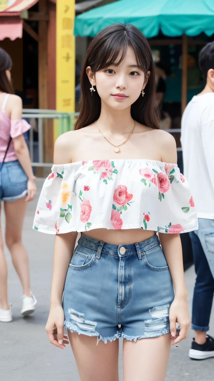 Japanese、Age 25、older sister、A randomly generated person with diverse facial features hairstyle、Perfect Anatomy,amusement park、Floral off-the-shoulder top、Denim shorts、White sneakers、Simple Necklace、Crossbody Bags
