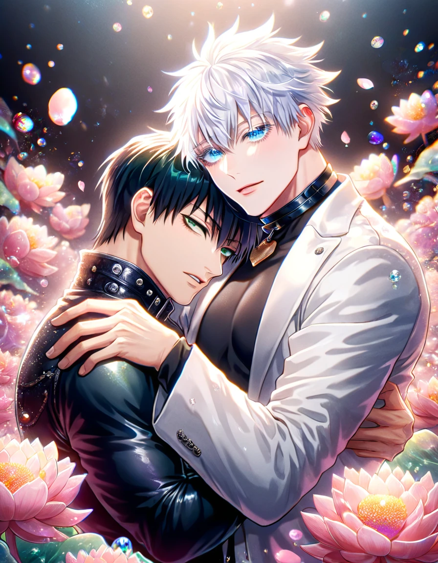 absurdres, highres, ultra detailed, HDR) master piece, best quality, Fushiguro Touji, black hair, expressive green eyes, black tight shirt, cropped leather jacket, black collar, Jujutsu Kaisen, Gojou Satoru, white hair, with bangs, expressive blue eyes, white eyelashes, white coat, two men together, yaoi, gay couple, handsome, toned chest, demon, magical fantasy, pink butterflies, glittering, sparkling, pink lotus, petals, radiant, water