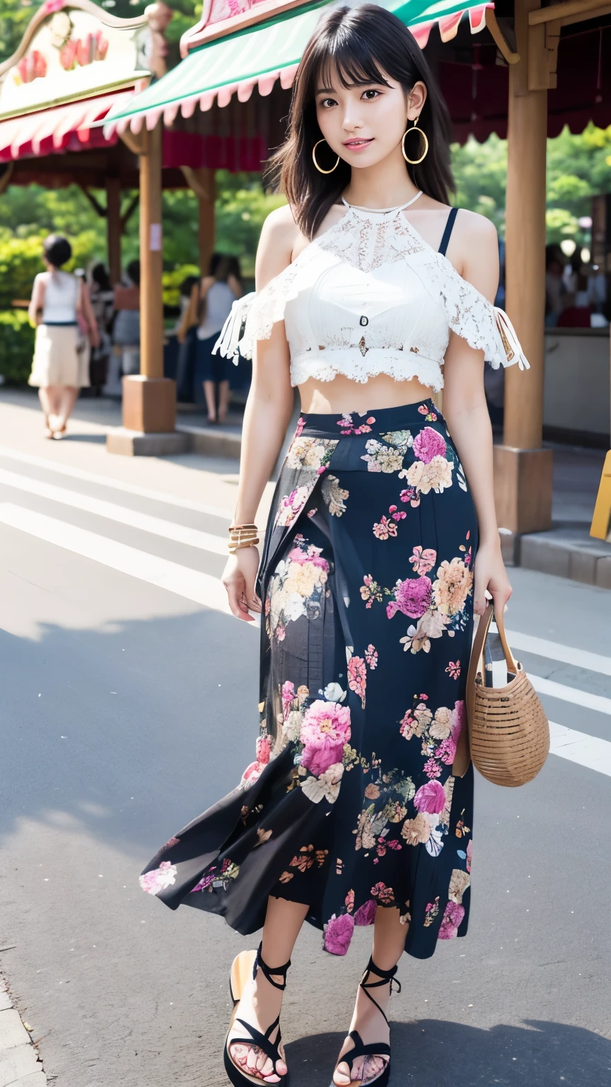 Japanese、Age 25、older sister、A randomly generated person with diverse facial features hairstyle、Perfect Anatomy,amusement park、Fringed crop top、Floral print maxi skirt、Lace-up sandals、Large hoop earrings and bangles、Fringed shoulder bag